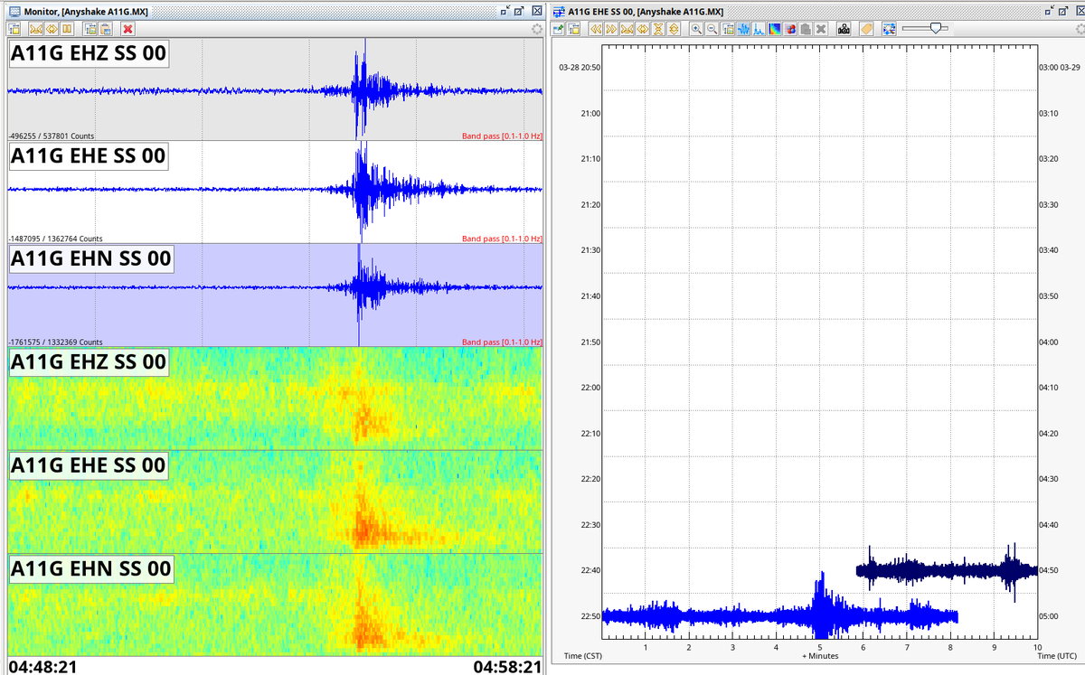 Nuevo #sismo frente a las costas de #Guerrero-#Oaxaca [28.03.2026 / 22:55 Hrs]. Detectado por SASMEX, SkyAlert.

Magnitud estimada = 4.2[+/-0.1]
Aparentemente lejano a la zona de la secuencia sísmica reciente.

Registrado por mi sismógrafo profesional ubicado en Puebla, Pue.