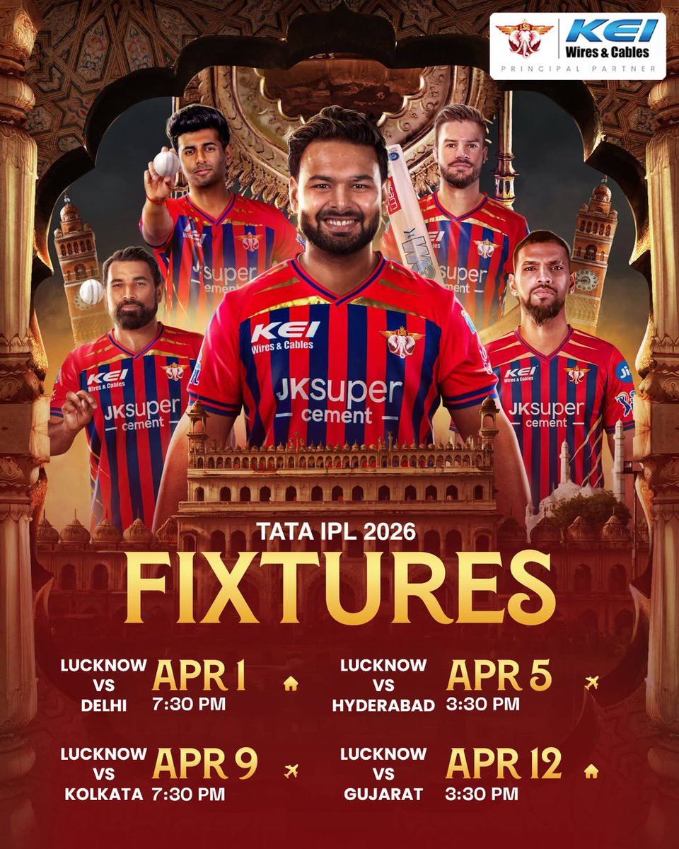keicable's tweet photo. At KEI, we believe in powering performance
As the TATA IPL 2026 fixtures go live, we stand strong as the Principal Partner of Lucknow Super Giants.
Let the action begin
#keiwiresandcables #principalpartner #lsg #ipl2026
#viksitbharatkaviksitwire https://t.co/8aJ7Ctag0b