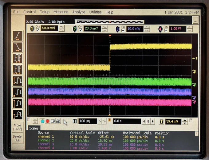 4 waveforms on oscilloscope screen. There's a lot of noise on the waveforms.