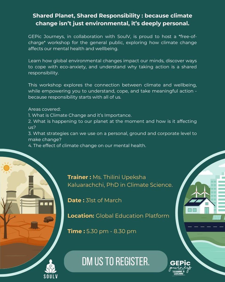 GEP360's tweet photo. Climate change isn’t just out there - it’s within us Join us to explore the powerful link between our planet and our mental wellbeing, and learn how small actions can create real change.

Shared planet. Shared responsibility.
March 31 | 5.30 PM - 8.30 PM 
📍GEP
#elnino2026 https://t.co/L3ZxpKnHpN