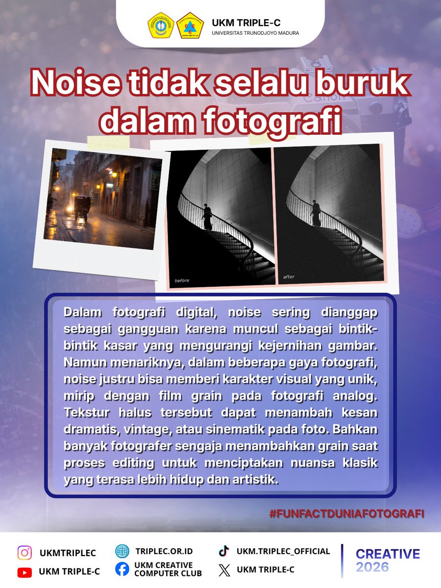 ukmtriplec1's tweet photo. [FUN FACT DUNIA FOTOGRAFI]

Tahukah kamu kalau penglihatan pada kamera tidak seperti mata manusia? 
Yuk lihat postingan ini untuk tahu cerita lengkapnya dan Fun Fact lainya!

Salam Creative !! ✊
Semangat Creative !! ✊

#SemangatBerkarya #Creative2026
#UKMTRIPLEC https://t.co/W2DBXrh6gl