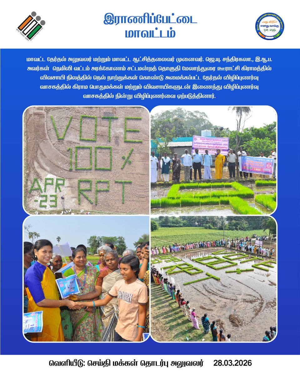 Ranipet -"VOTE 100%" written with green rice seedlings in a paddy field! 
District Election Officer / District Collector 
Dr. J.U. Chandrakala, I.A.S., joined hands with farmers &amp; villagers to spread the message.
<a href="/TNelectionsCEO/">Chief Electoral Officer Tamil Nadu</a> 
<a href="/ECISVEEP/">Election Commission of India</a>