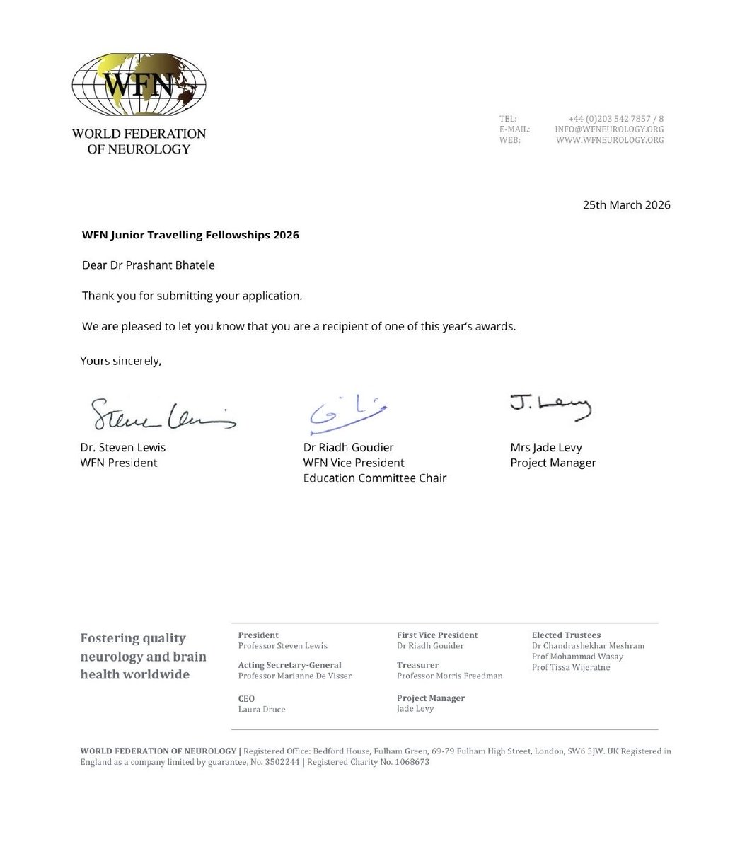 MindAndNeuro's tweet photo. WFN Junior Travelling Fellowship 2026. Honored and grateful. 🙏🌍🧠
#Neurology #WFN #Fellowship #MedTwitter #NeuroTwitter https://t.co/kUd5pvdynF