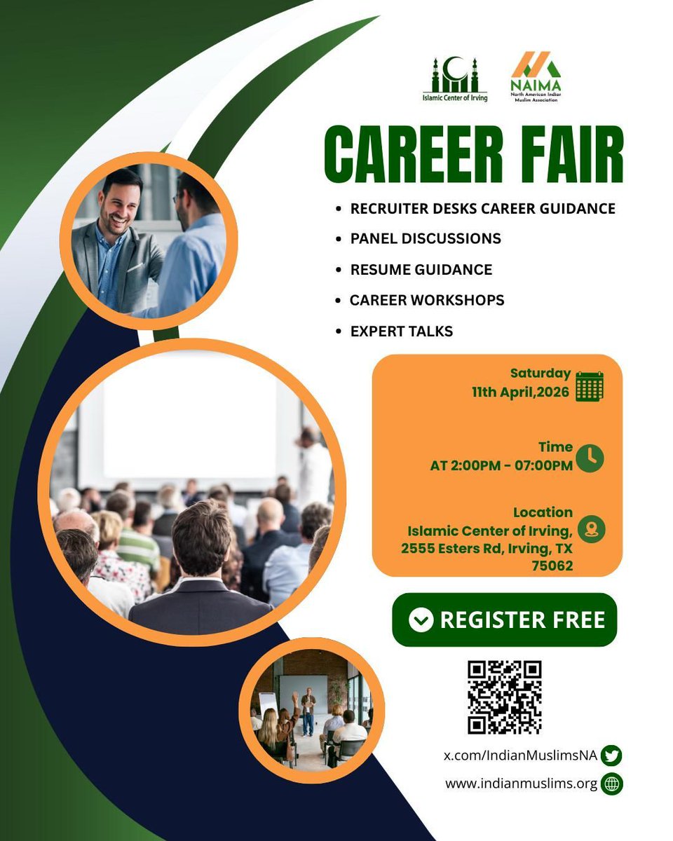 📢 Career Fair – FREE (Registration Required)!

🚀 Recruiters | Resume Help | Panels | Workshops | Expert Talks
🗓 Apr 11, 2026
⏰ 2–7 PM
📍<a href="/IrvingMasjid/">Irving Masjid</a>
🎟 Limited spots! Register now:
 eventbrite.com/e/career-fair-…
