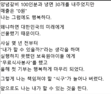 이런건 상호명 정확히 기록해줘야함.

제주시 우령 8길 17, 1층 
오늘은 좋은날

이라는 가게사장님이 
본인이 직접 대학 등록금 마련한다는
알바생이 혼자 고등학교 졸업식을 맞이하자 
직접 가서 축하해줌.

그리고 
보육원 아이들 수십명을 가게로 초대해서
양념갈비 100인분 냉면 30그릇을 대접함.