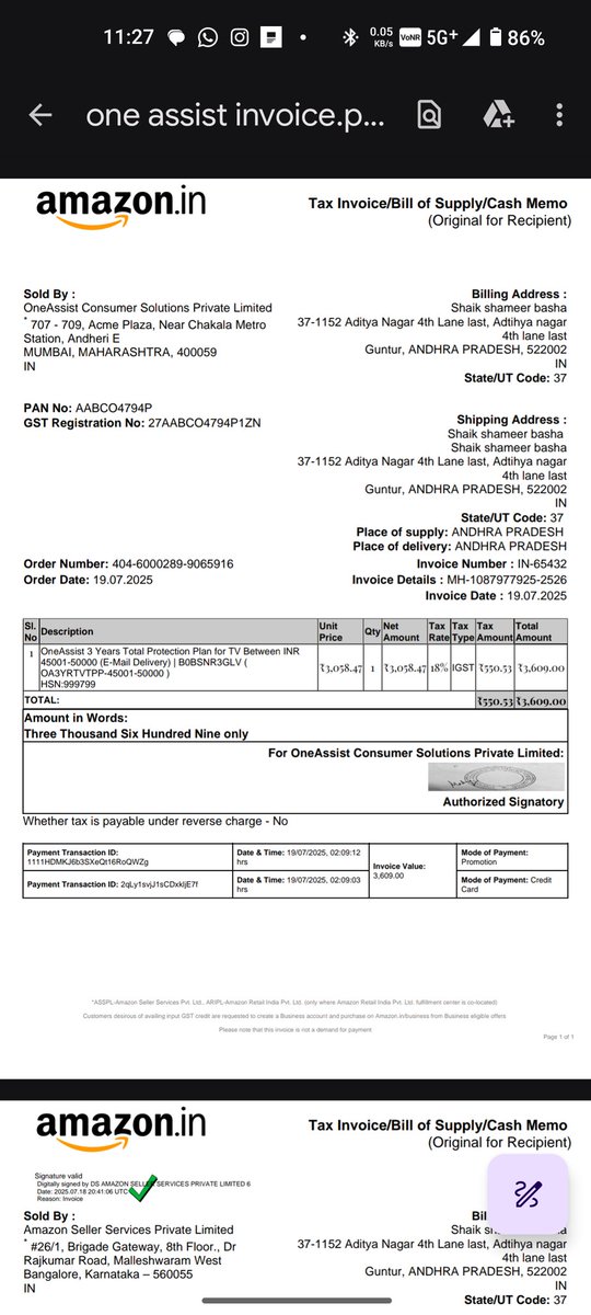 sshameer66's tweet photo. @oneassist_in sshameerbasha.656@gmail.com 
Order no : 404-6000289-9065916
OneAssist 3 Years Total Protection Plan for TV Between INR
45001-50000 (E-Mail Delivery) | B0BSNR3GLV (
OA3YRTVTPP-45001-50000 ) 
HSN:999799 https://t.co/rxWzbI4uzx