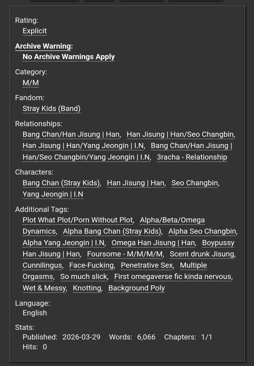 solominchan's tweet photo. Slickin' up!

🐺/🐰🐷/🦊/🐿
Rated E
Omegaverse
pwp, boypussy jsvng, multiple orgasms, face fucking, omega jsvng, alphas chn, chngbin and jeongn
6K words

https://t.co/6I97VY895f https://t.co/dHlyjivmUm