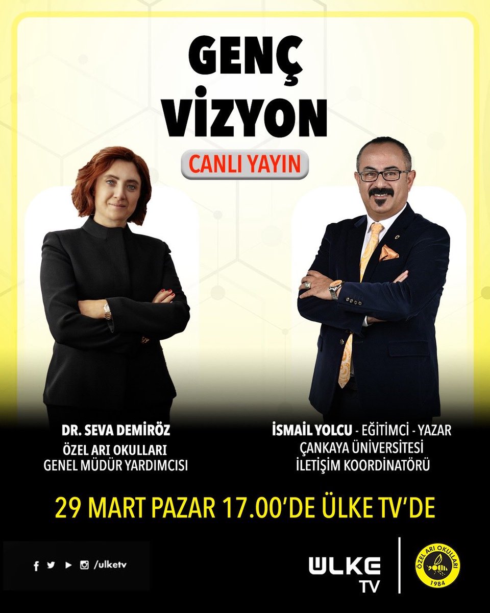 AriOkullari's tweet photo. Genel Müdür Yardımcımız Dr. Seva Demiröz, 29 Mart Pazar günü Eğitimci - Yazar İsmail Yolcu’nun moderatörlüğünü yaptığı Genç Vizyon programına canlı yayın konuğu olarak katılıyor. 🐝🌍
@ismailyolcu58 
.
.
#ariokullari #eğitimkurumu #school #kolej #ibschool https://t.co/kcAsfhyEGD