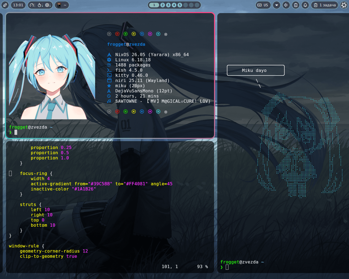 [Niri] Miku-wife style Link: https://t.co/i2T2eSWoOp #unixporn #linux # ...