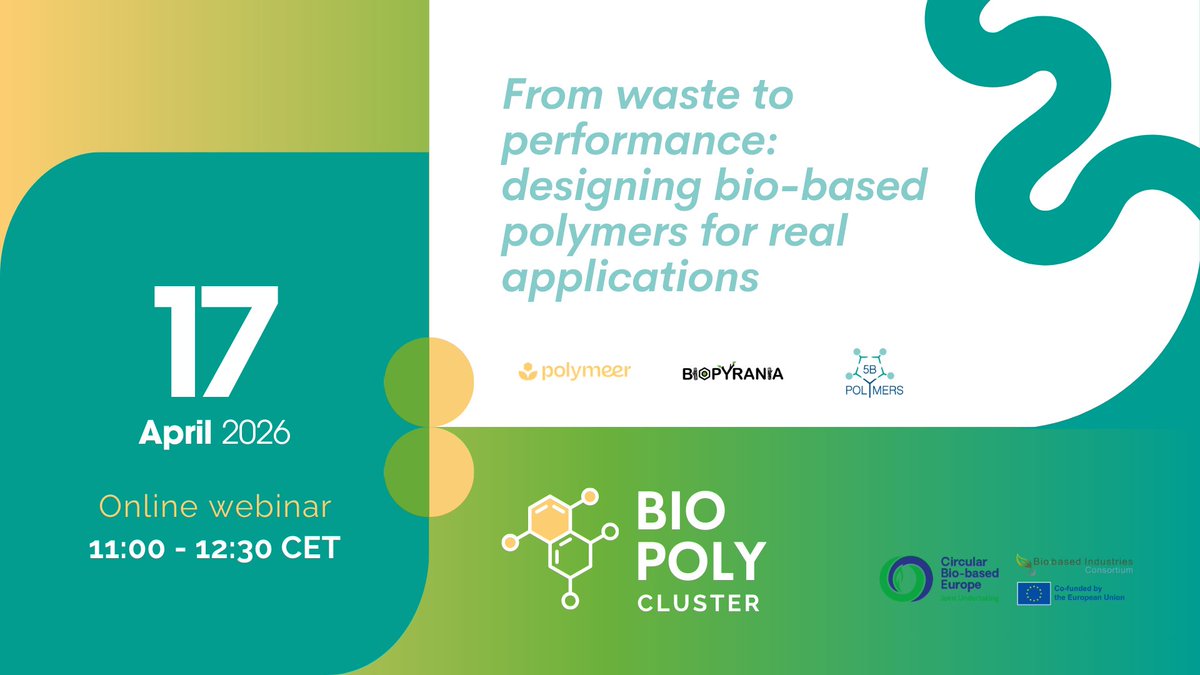 CBE_JU's tweet photo. Turning waste into high-performance materials is moving from research to real applications.

The #BIOPOLY cluster explores how feedstocks like agri-food residues and woody biomass can become advanced #biobased polymers.

17 April, 11:00-12:30 CET

https://t.co/XqSYIvzxcx https://t.co/390ZeP6Wz7