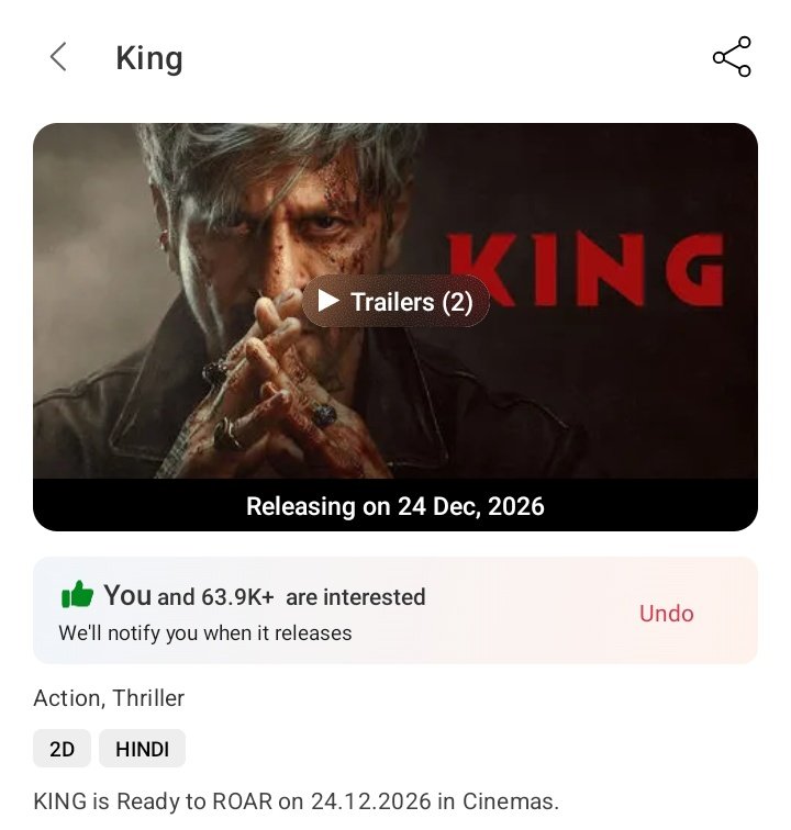 #king BookMyShow interest 63.9k complete 💯 mark your interest 🔥 
#ShahRukhKhan