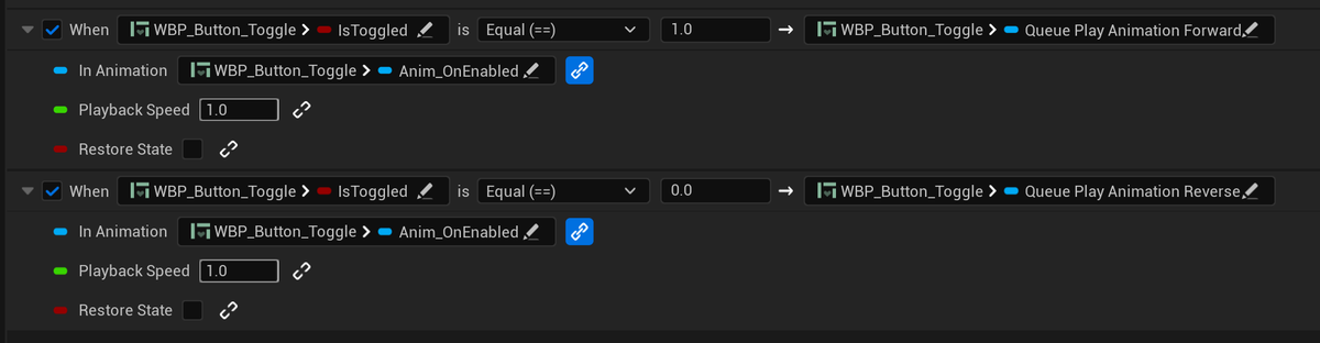 p3r1ph's tweet photo. @AfarCoast I have DisabledBG, EnabledBG, DisabledCircle, and EnabledCircle. When the IsToggled variable is true, an animation named OnEnabled animates the Render Opacity of EnabledBG and EnabledCircle from 0.0 to 1.0. It also animates the Left Padding of both circles from 6.0 to 48.0. https://t.co/Q2M9M5CCgi