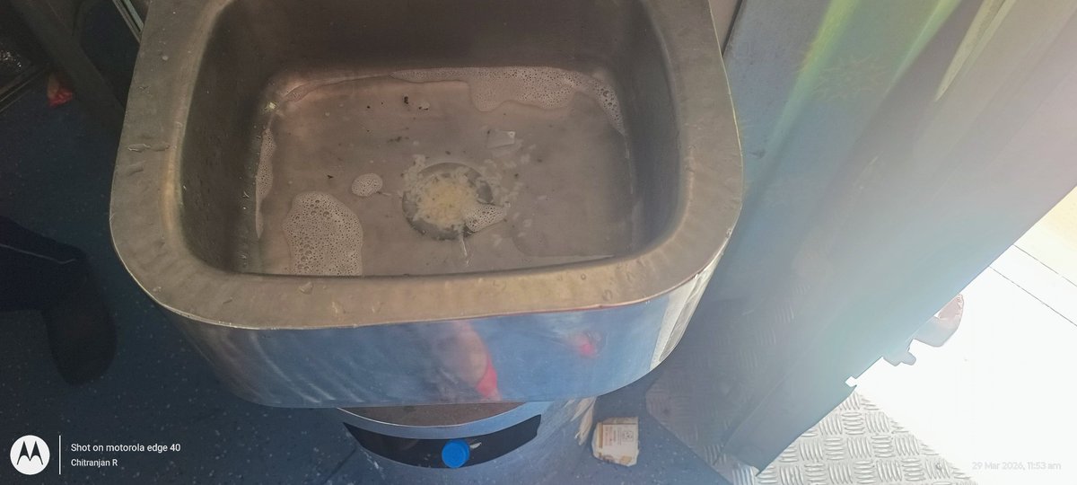 chitranjan7915's tweet photo. Urgent Attention Required

Traveling in Train No. 12295 Sanghmitra Express (SMVT → DNR), Coach A2, Seats 19 &amp; 20.
We are facing extremely poor conditions in 2AC:
-Washrooms are dirty &amp; unusable
-Flush not working
-Basin not cleaned
-Dustbins not managed
@RailMinIndia https://t.co/8ATaamqaQJ
