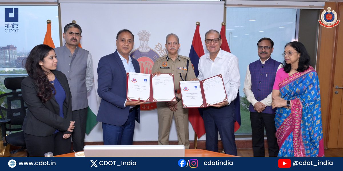 CDOT_India's tweet image. C-DOT × Delhi Police: Shaping Intelligent Policing for Tomorrow

@DelhiPolice has signed an MoU with @CDOT_India to bring advanced, #indigenous technologies into the policing ecosystem.

From AI-powered Facial Recognition Systems (#FRS) for identifying #suspects and missing