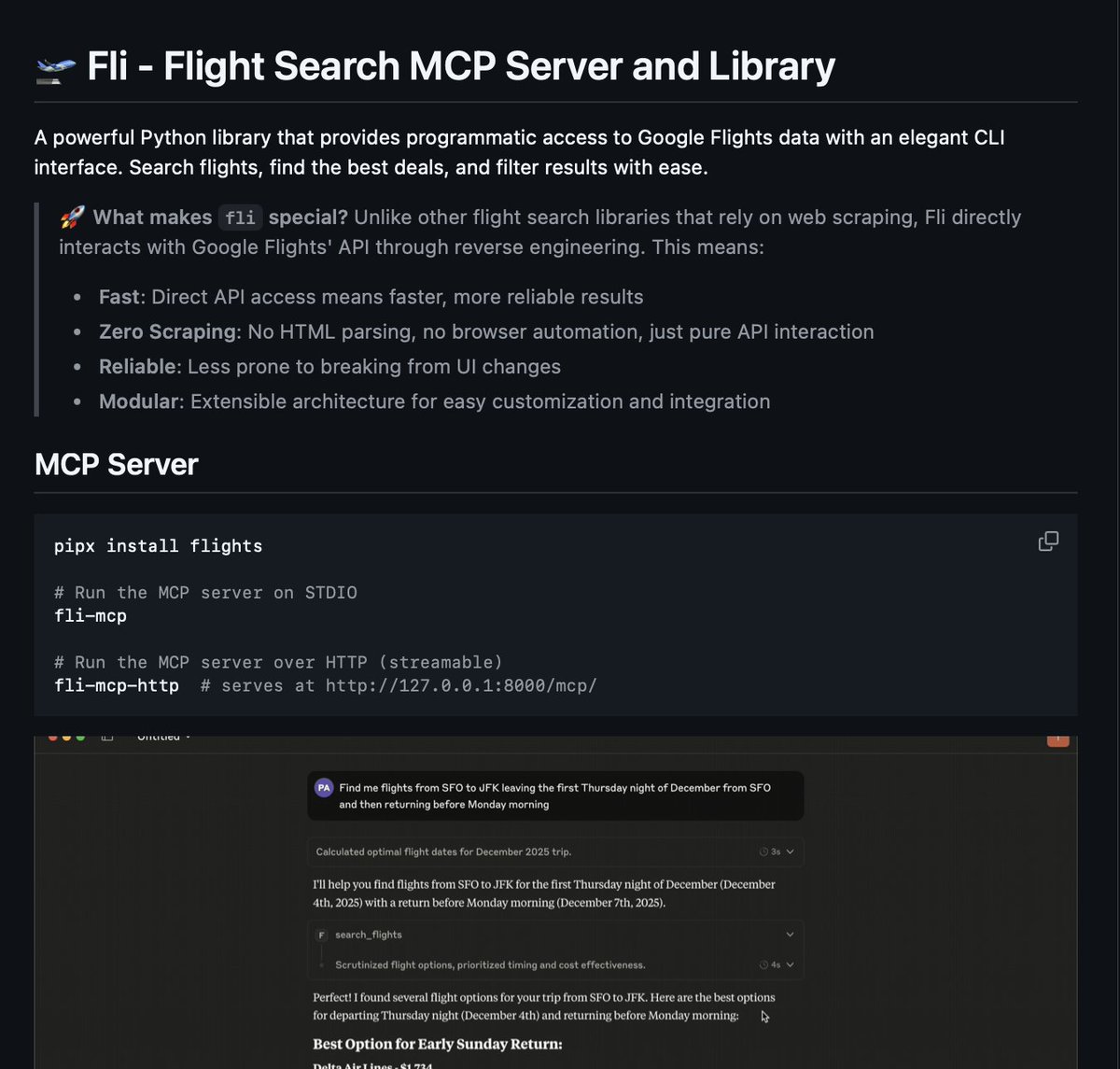 🚨Google Flights'ın dahili API'sini tersine mühendislikle inceleyen bir Python kütüphanesi yayınlandı ve doğrudan Claude'a bir MCP sunucusu olarak bağlanıyor.

Adı fli. Ve bir uçuş arama arayüzünün etrafını saran bir sarmalayıcı değil.

Doğrudan Google'ın dahili uç noktalarına