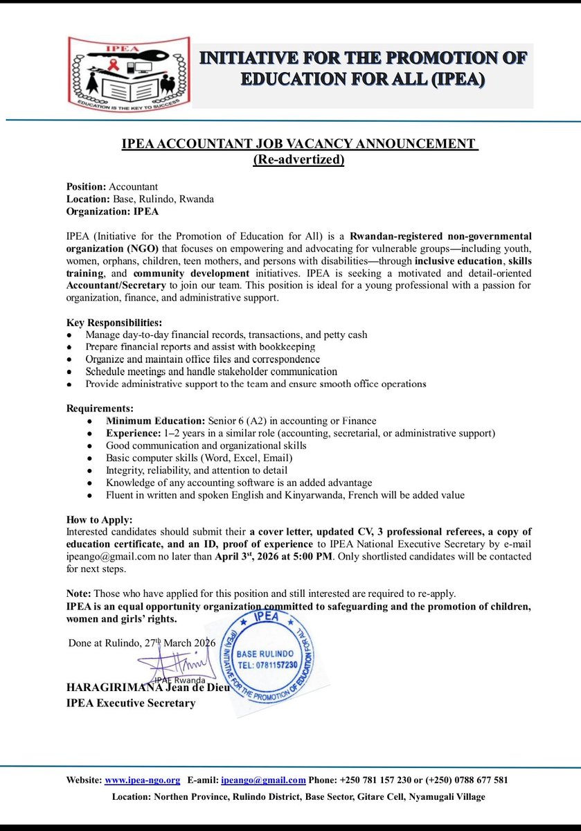 ipeango's tweet photo. Another opportunity to be part of impact.
IPEA is re-advertising the  below  position. If you missed the first opportunity or are ready to take the next step, we would love to hear from you.

Join us in creating brighter futures for women and youth.
#NowHiring #Vacancy #ApplyNow https://t.co/ZIEYnRUmgi