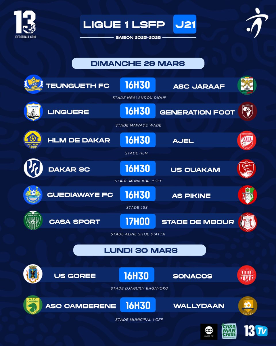 13footballC's tweet image. Programme des 21es journée Ligue 1 &amp;amp; Ligue 2 ⚽️🇸🇳

#13Football
#13TV
#LSFP