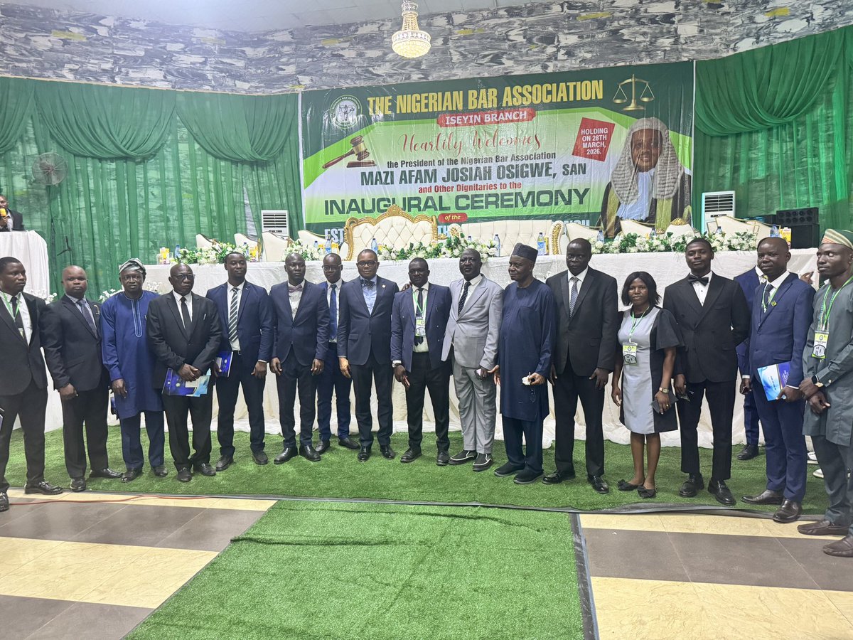 NigBarAssoc's tweet photo. NBA ISEYIN BRANCH SETS THE PACE WITH BOLD STEPS TOWARD A STRONGER BAR

The Nigerian Bar Association recorded another milestone with the formal establishment of the NBA Iseyin Branch, an important development that underscores the growing reach of the Association and the deepening of its presence at the grassroots. The President of the Nigerian Bar Association, Mazi Afam Osigwe, SAN, joined members of the Branch for the historic ceremony, describing the occasion as a bold step toward strengthening the Bar and expanding access to professional engagement within emerging legal communities.

In his remarks, the NBA President congratulated the leadership and members of the Branch and urged them to remain committed to the aims and objectives of the Association. He emphasized that every Branch must stand for something meaningful and contribute actively to the advancement of the legal profession, the administration of justice, and service to society. He also noted that the presence of traditional rulers at the event reflected strong community support and signaled a promising future for the newly established Branch.

The President expressed excitement at the pace of development already recorded by the Branch. He stated that he was deeply honoured by the proposal to name the NBA Iseyin Branch Bar House after him, describing the gesture as thoughtful and humbling. He thanked the leadership and members of the Branch for the recognition and extended special appreciation to Ahmed Raji, SAN, for his support, commitment, and contributions toward the success of the event and the vision for the Branch.

As part of the ceremony, the NBA President  performed the foundation block laying ceremony for the proposed NBA Iseyin Branch Bar House and also commissioned the brand new NBA Iseyin Branch bus, both of which he described as clear demonstrations of vision, unity, and commitment by members of the Branch.

The event marked a significant beginning for the NBA Iseyin Branch, with the President commending the leadership and members for their foresight, organisation, and warm reception. He expressed confidence that the Branch would continue to grow and contribute meaningfully to the objectives of the Nigerian Bar Association and the development of the legal profession.