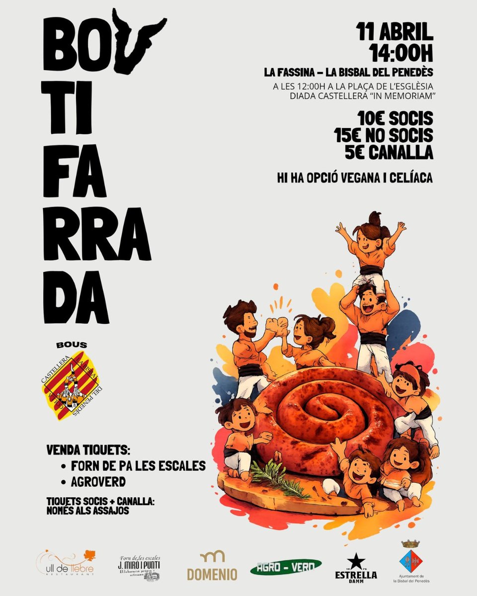 El dissabte 11 d’abril, la Bisbal del Penedès acollirà la diada castellera "in memoriam" i la botifarrada organitzada per la Colla Castellera dels Bous de la Bisbal