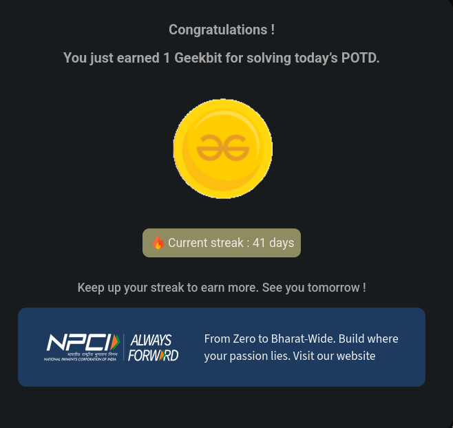 Harshit42077's tweet photo. Day 41 of 60 day code challenge my #GFG journey💻.
Consistency is slowly turning effort into progress. Every problem solved is one step closer to mastering DSA .🚀
 A great thank you to @geeksforgeeks and @NPCI_NPCI for this support !
#npci
#geekstreak60
#POTD https://t.co/D1q80I3ROl