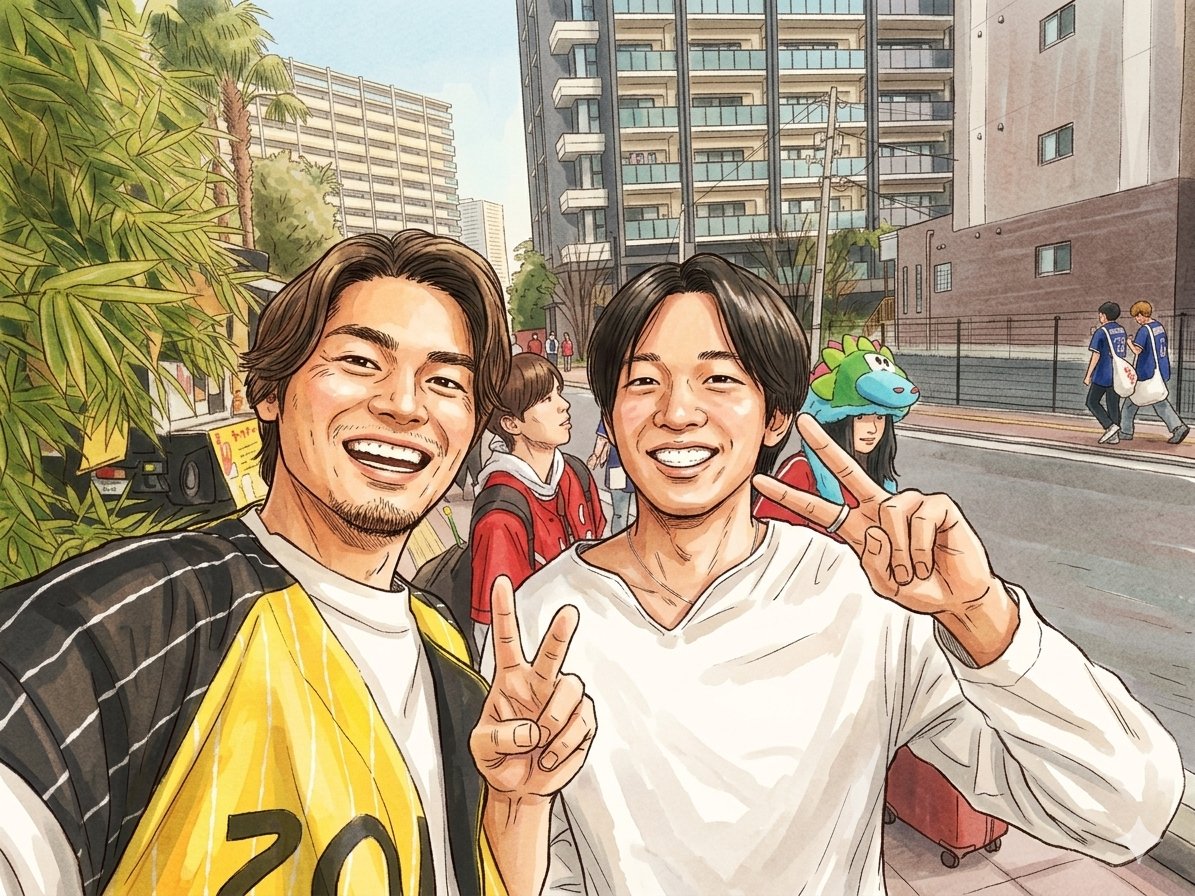 the_cally's tweet photo. 長男が今日、トッテイと写真を撮ってもろうた

実は約１０年前にもショッピングモールのイベントで一緒に写真を撮らせてもろうてお��、どちらもピースサインで立ち位置も同じ

こんな胸熱は中々ない

戸田さん、ありがとう！

許可を得てないので、イラスト化で雰囲気を↓

#カープ #carp　#戸田隆矢 https://t.co/gleQEntd0Q