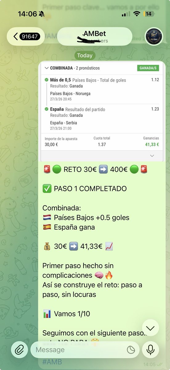 AMBet_Oficial's tweet image. 🚨🟢 PASO 1 COMPLETADO 🟢🚨

RETO 30€ ➡️ 400€

✅ 30€ ➡️ 41,33€

Empezamos sumando 📈🔥

El siguiente paso ya está en Telegram 👀📲
Activa notificaciones 🔔

Hoy vamos a por el PASO 2 😤

#AMBets #ApuestasDeportivas #Reto #Tipster #Ganancias #Betting #Value