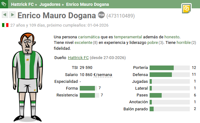 🆕 Tenemos nuevo fichaje para el equipo

Enrico Mauro Dogana se incorpora al Hattrick FC para cubrir la portería. Con mi portero titular ya con 37 años, tocaba rejuvenecer un poco esta posición y creo que este es un buen candidato.
