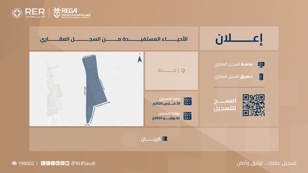 ejari4's tweet photo. #السجل_العقاري

من اليوم وحتى 2 يوليو..
"السجل العقاري":
بدء استقبال طلبات التسجيل العيني الأول لـ(14,750) قطعة عقارية في محافظة جدة، تشمل حي الريان، وأجزاء من أحياء: (السلامة، الخالدية، القوزين، الوادي) https://t.co/GmElWfaGPm