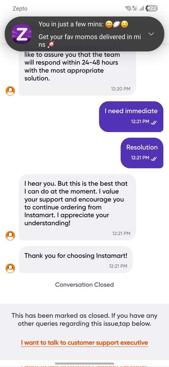 PiratesShield's tweet photo. Worst support fro
 @SwiggyCares  the support agent closed the chat even given the proper response.
Worst CX team ever. Still I did not got the resolution #swiggy #worstSwiggy #badswiggy https://t.co/bxEJqtfs1L