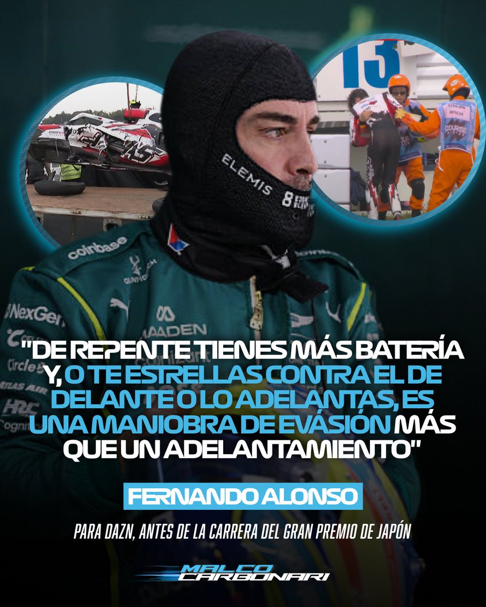 #F12026 EL QUE AVISA...

Esto decía Fernando Alonso, previo a la carrera del GP de Japón, carrera en la que Oliver Bearman sufrió un choque de 50G por esquivar a Franco Colapinto cuando este recargaba energía y Bearman tenía un extra de energía y 50 Km/h más de velocidad.