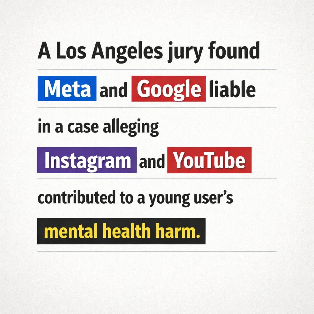 cfsuman's tweet photo. A Los Angeles jury found Meta and Google liable in a case alleging Instagram and YouTube contributed to a young user’s mental health harm. #SocialMedia #YouthSafety #TechAccountability https://t.co/CZAtPMBOQo