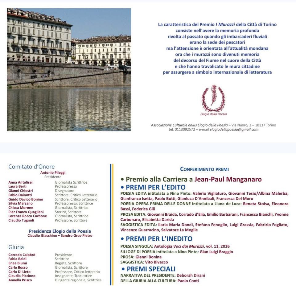 Un momento della cerimonia di premiazione della XIV edizione del Premio I Murazzi presso il Circolo dei Lettori di Torino, insieme ai componenti della Giuria e al Presidente Sandro Gros-Pietro e a Eleonora Gros-Pietro, ai quali vanno tutti i miei complimenti!