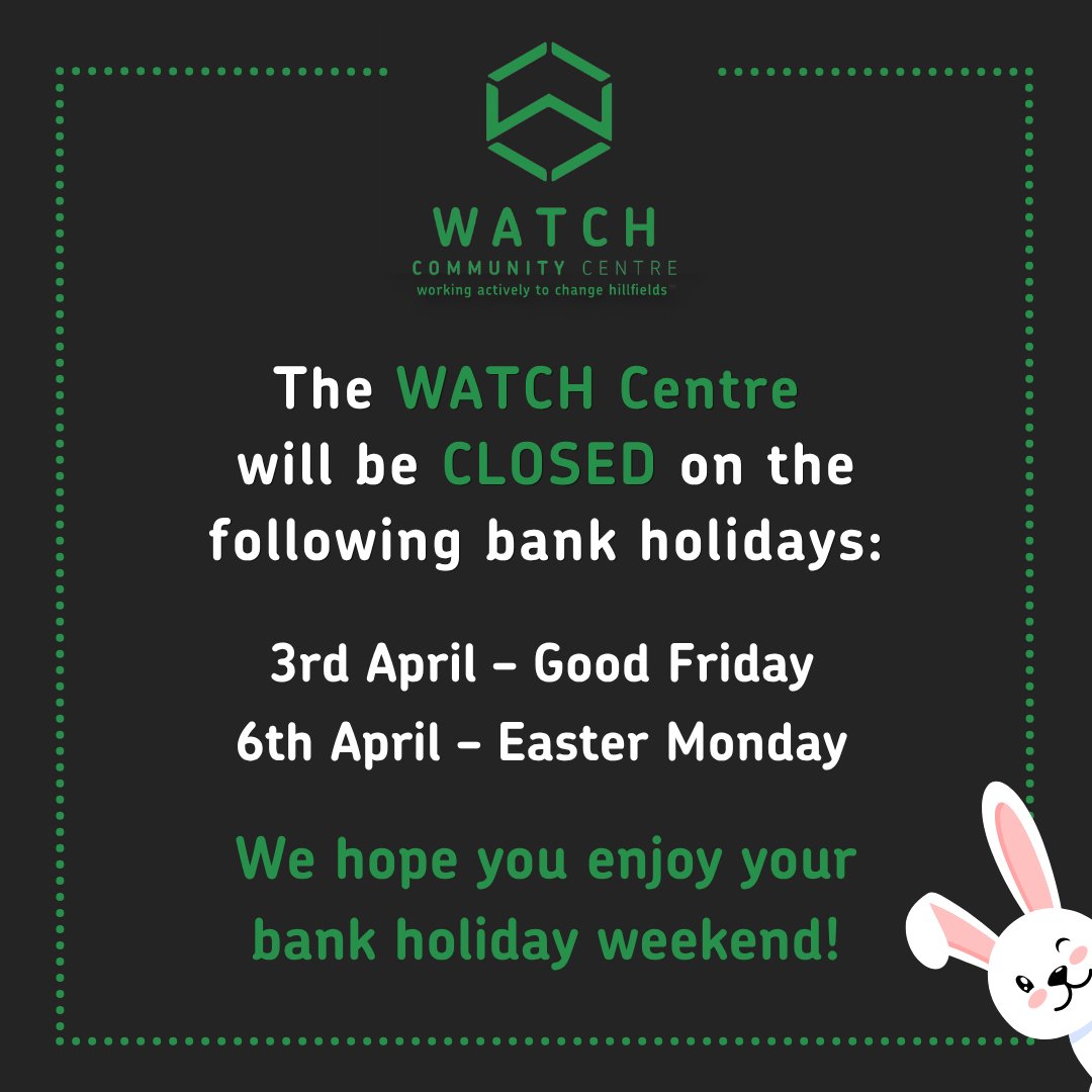 WATCHCHARITY's tweet photo. Spring has arrived 🌸 and with it comes the half term and bank holiday break!

Please note the WATCH Centre will be CLOSED on 3rd &amp; 6th April!

We look forward to welcoming you back bright and early on Tuesday 7th April! 

#EasterBankHoliday #WATCH #HillzFM #Announcement https://t.co/rRWyOPaRS4