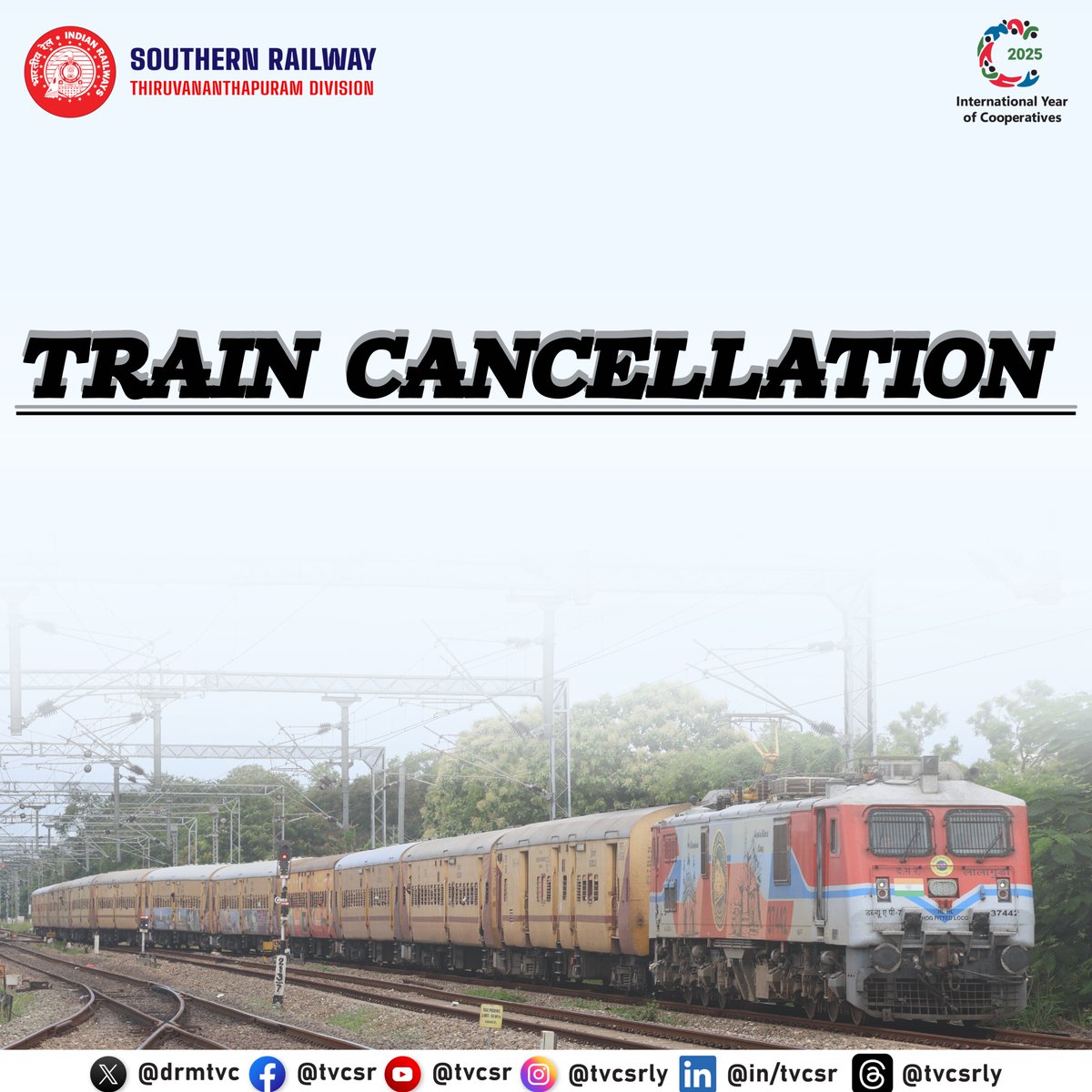 drm_tvc's tweet image. Train no. 16366 Nagercoil Junction - Kottayam Express Scheduled to depart from Nagercoil Junction today is fully cancelled.
#IndianRailways #SouthernRailway #TVCSR #Train #Railways