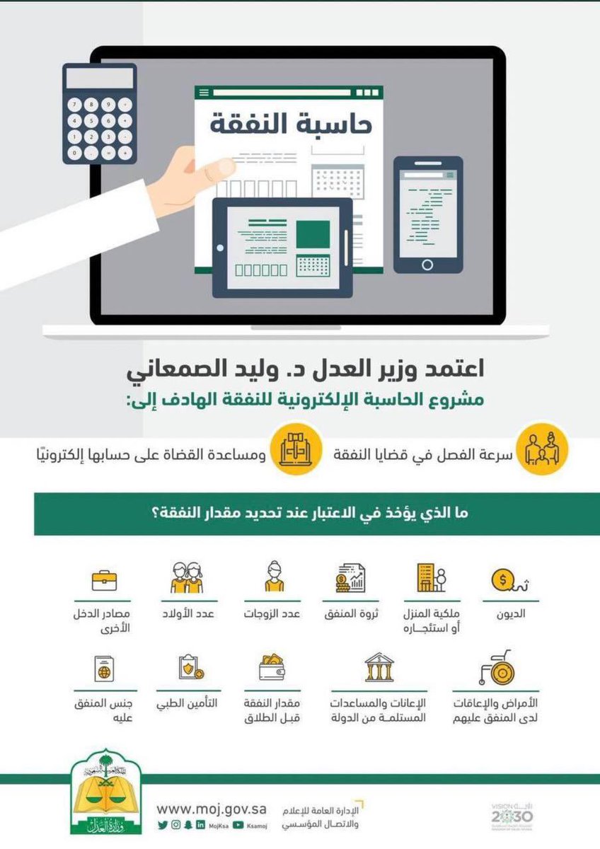 Law_N2020's tweet photo. حاسبة النفقة 
اعتمد وزير العدل معالي الدكتور وليد الصمعاني مشروع الحاسبة الإلكترونية للنفقة الأسرية وهذا من باب التطور وسرعة الفصل في قضايا النفقة ومساعدة القضاة على حسابها إلكترونياً.
#محامي #حاسبة_النفقة https://t.co/TaqglU5nqm