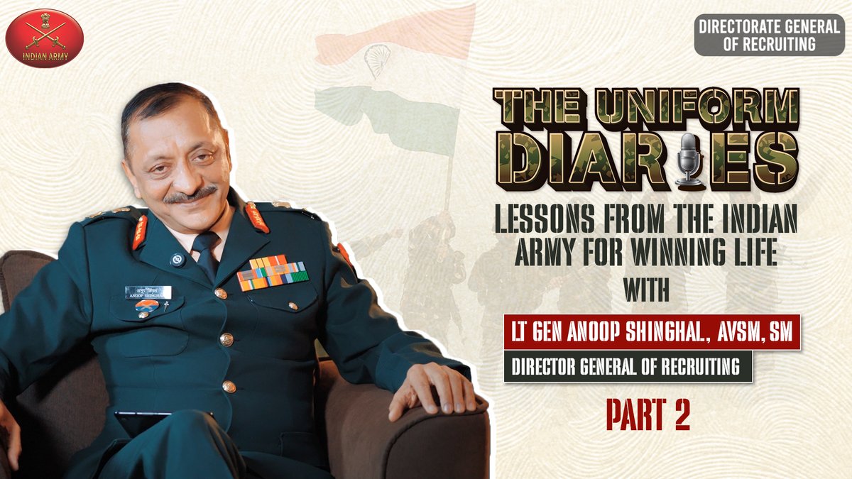 DIRECTORATERTG's tweet photo. The Uniform Diaries | Lt Gen Anoop Shinghal, AVSM, SM | DG Recruiting, Indian Army |  Part 2 – Agniveer Special

Watch now: https://t.co/f32jE7FK68

He shares crucial guidance on the Agniveer entry scheme, the recruitment process, and key precautions. Beware of touts—apply only through official channels.
@adgpi 
#TheUniformDiaries #JoinIndianArmy #IndianArmy