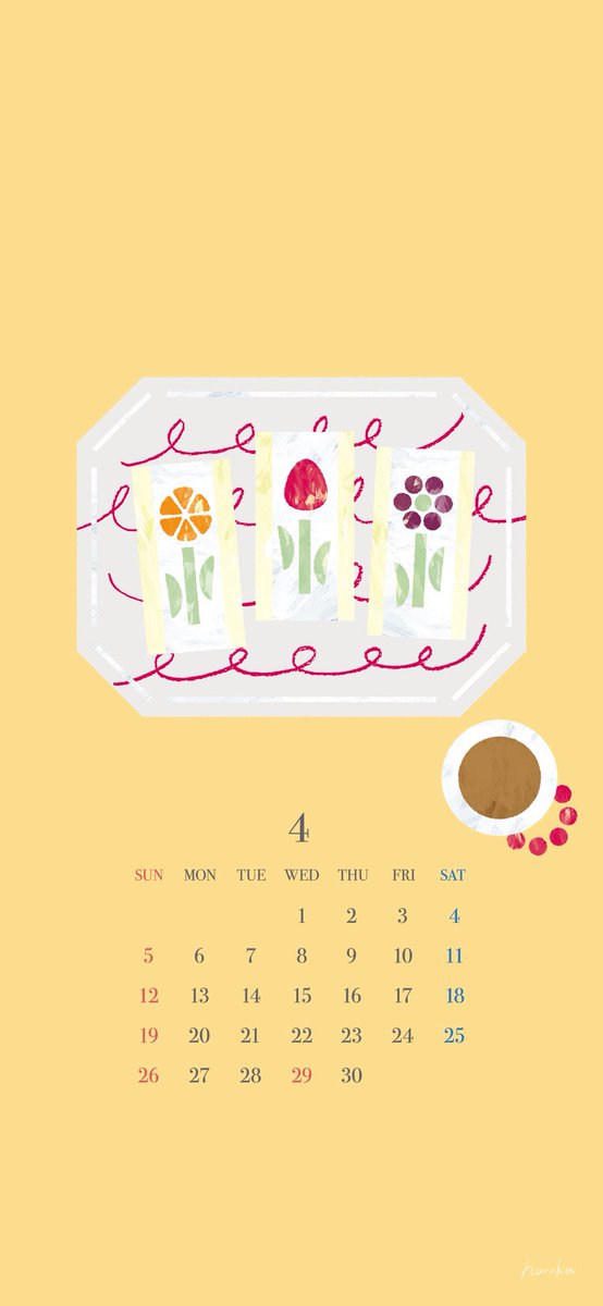 4月のカレンダーを作りました。
待受画像にぜひ！
4月は春に食べたいフルーツサンドのイラストです🍓🍊🍇
※個人利用の範囲でお使いくださいませ。

lit.link/haru0117

#カレンダー #4月カレンダー
#イラスト #illustration
#デザイン #design
#壁紙 #壁紙配布
#アート #art