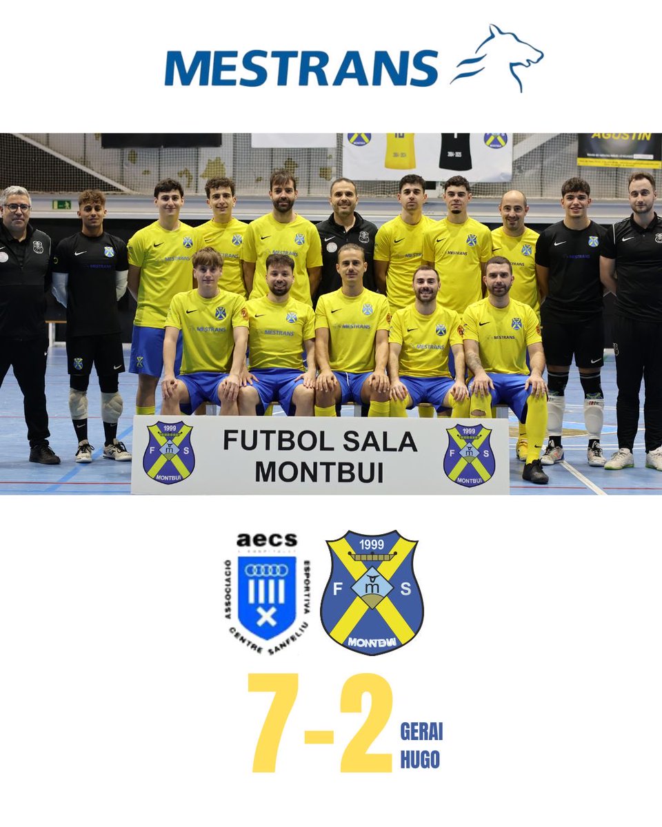 FSMontbui's tweet photo. 𝗥𝗘𝗦𝗨𝗟𝗧𝗔𝗧 𝗙𝗦𝗠 🟡🔵

@aecshospitalet 7-2 @mestrans_logistic FSM
⚽️ @hugograuu_, @geeraai 

▶️ Contundent derrota per marxar a la setmana de descans.

#somfsmontbui https://t.co/Qeix3Mj5zy