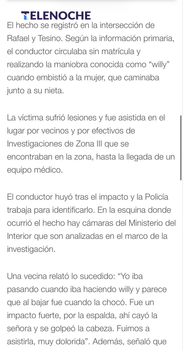 “Bella Italia”

Moto haciendo Willy atropelló a una mujer de 78 años que caminaba con su nieta y se dio a la fuga.

Circulaba sin matrícula 

⛲️Telenoche