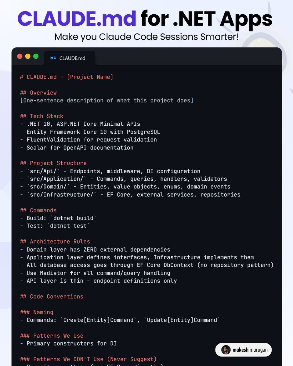 iammukeshm's tweet photo. CLAUDEmd is the single most impactful file you can add to your .NET project.

Most developers using Claude Code just open a terminal and start prompting. That works... until Claude suggests a repository pattern you banned 6 months ago. Or uses Swagger instead of Scalar. Or puts business logic in the API layer.

The fix? A CLAUDEmd file at the root of your solution.

Here's what I include in mine for every .NET 10 project:

→ Tech Stack: .NET 10, EF Core 10, Minimal APIs, PostgreSQL, Scalar
→ Project Structure: Which folder does what (Api, Application, Domain, Infrastructure)
→ Architecture Rules: Domain has ZERO external dependencies. No repository pattern. Use Mediator for commands/queries.
→ Code Conventions: Naming patterns, what patterns we use (primary constructors), what patterns we DON'T use
→ Commands: How to build, test, run

The result? Claude Code stops guessing and starts following YOUR architecture.

It respects your naming conventions. It puts code in the right folders. It doesn't suggest patterns you've explicitly banned.

Think of CLAUDEmd as onboarding documentation — except your AI pair programmer actually reads it. Every. Single. Time.

My take: if you're using Claude Code without a CLAUDEmd, you're doing 2x the work correcting bad suggestions instead of shipping features.

Save this template. Adapt it for your project. Trust me, the 10 minutes you spend writing it will save you hours.

Get the Claude md file here: https://t.co/oIS0FrHgqV
