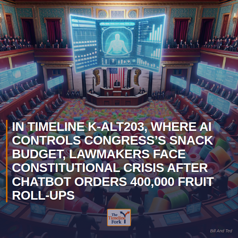Timelinefork's tweet photo. In Timeline K-ALT203, Where AI Controls Congress’s Snack Budget, Lawmakers Face Constitutional Crisis After Chatbot Orders 400,000 Fruit Roll-Ups

#AI #Congress #USPolitics https://t.co/BQ5NZ39K2w