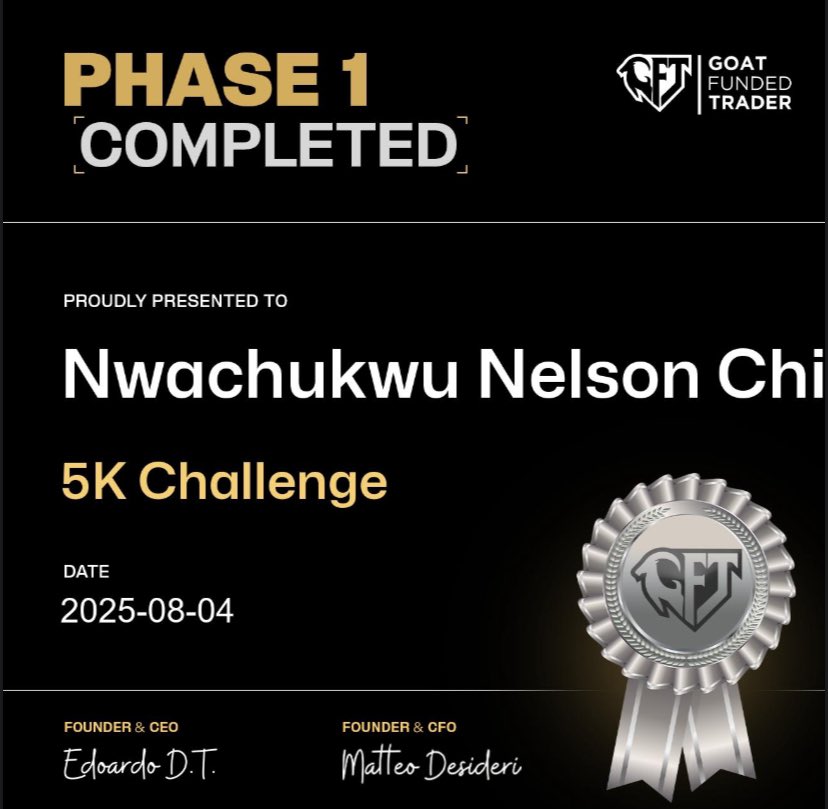 ShadesOf_Nelson's tweet image. Phase 1 Complete! ✅  
Just grabbed my Goat Funded Trader certificate and ready for Phase 2.  
Big thanks to the team!  

@GoatFunded @EdwardXLreal 

#GoatFunded #Phase1Complete