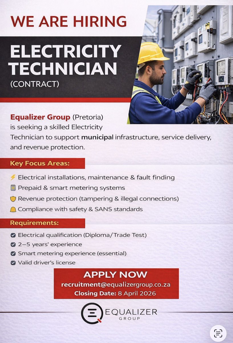 EqualizerPay's tweet image. JOB ALERT: Electricity Technician (Contract)

Equalizer Group (Pretoria) is looking for a skilled technician with experience in electrical maintenance &amp;amp; smart metering.

Apply: recruitment@equalizergroup.co.za
Closing Date: 8 April 2026

#NowHiring #ElectricityTechnician #JobsSA