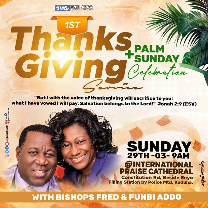 IPCKADUNA's tweet image. Good morning and welcome to the Last Sunday of the month of March.

Today, we gather on this day to celebrate Palm Sunday. As we enter this Holy Week, let us remember the triumphant and humble entry of Jesus into Jerusalem, waving palms and receiving praise. 
#IPCLive
#IPCKaduna