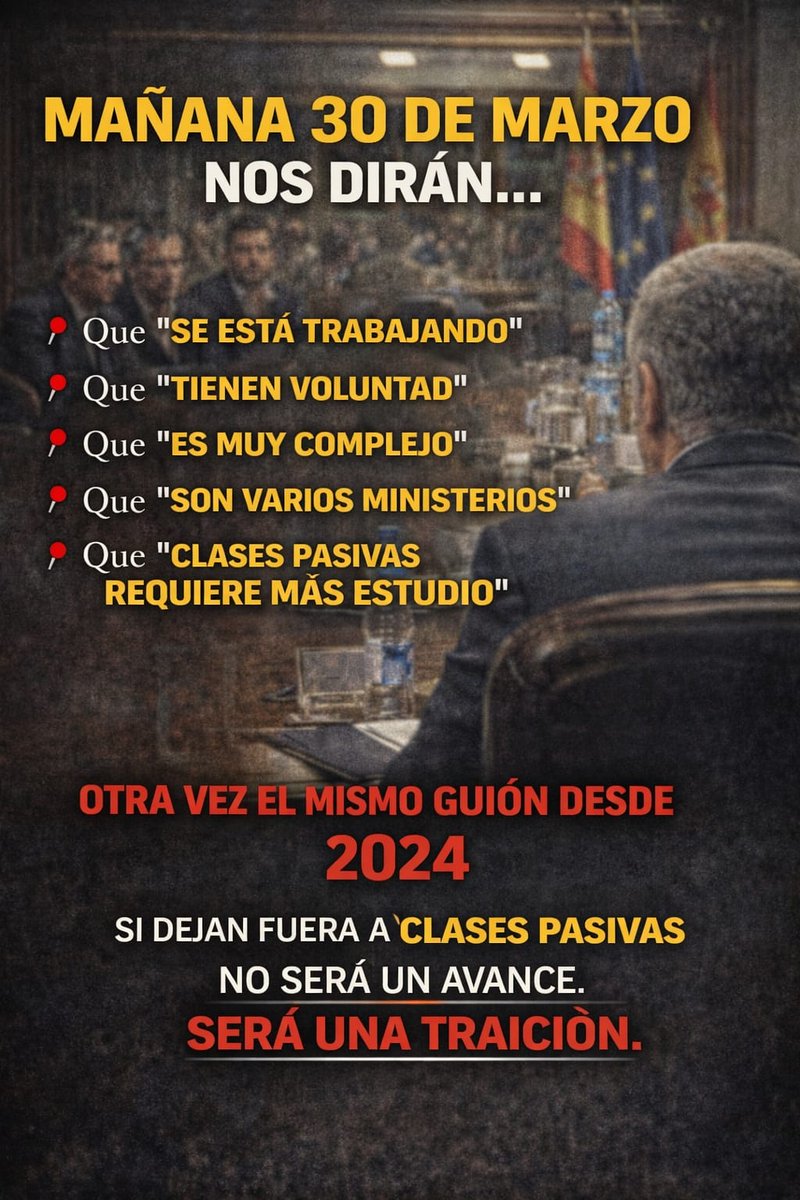 NatanEspinosa2's tweet photo. ⚠️Mañana 30M reunión con la SES

💨Puede repetirse la historia de 2024: Se está trabajando,
Es complejo

📄2 años de excusas desde estas noticias

🔗25/06/24
https://t.co/QpxkquYxFv

https://t.co/JDBeDZUUhg

Si dejan fuera a Clases Pasivas NO es avance es TRAICIÓN
#EquiparacionYa https://t.co/vJrCBr5UGK
