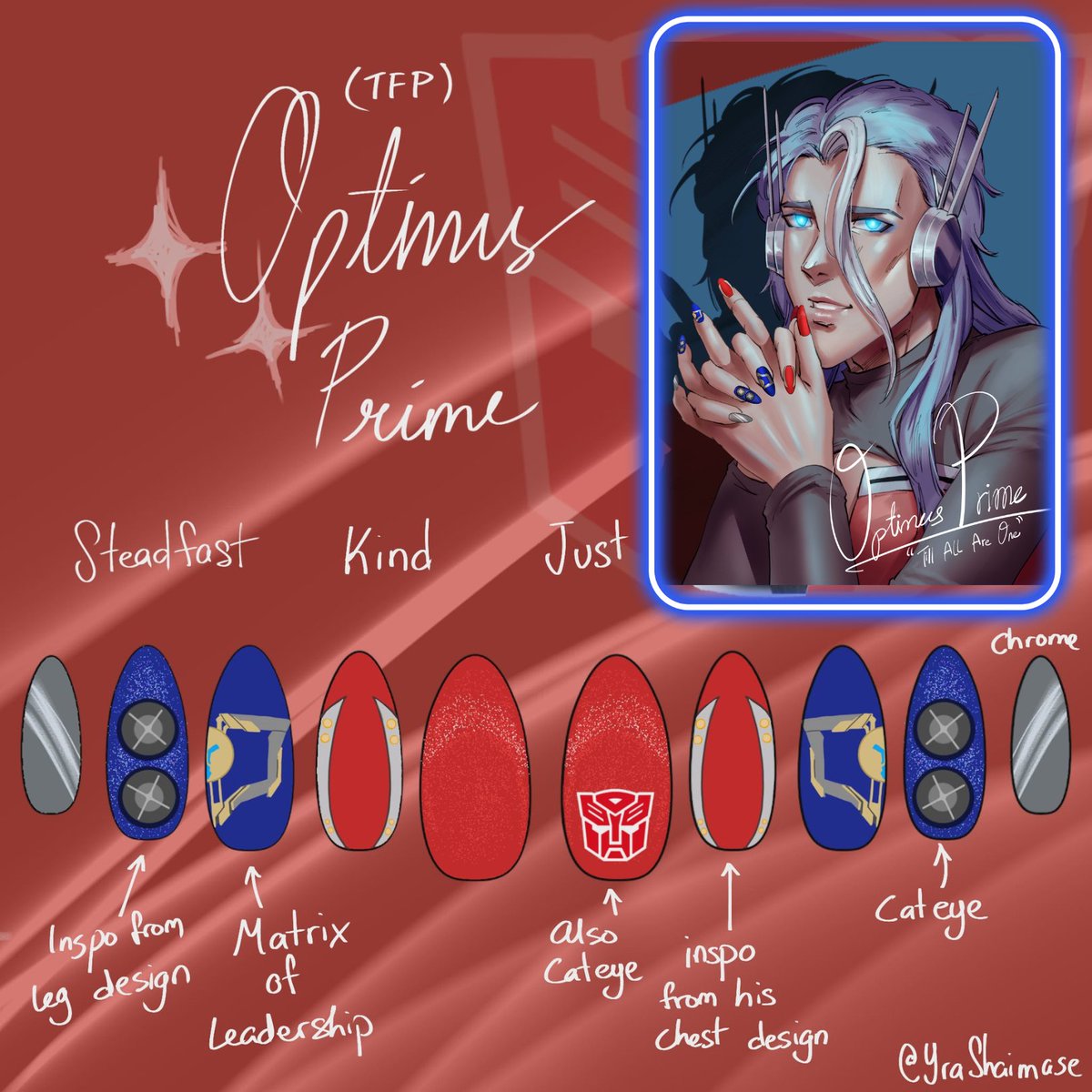 ZakuZer0's tweet image. Let's roll out in style!✨✨
Collaborating with @YraShaimase on the TFP line of her Naiformers series!  
You have the chance to get photocards/characters cards to match with nail designs we both worked on!
Link in reply!

#transformers #nailformers #nailart #autobots #decepticons