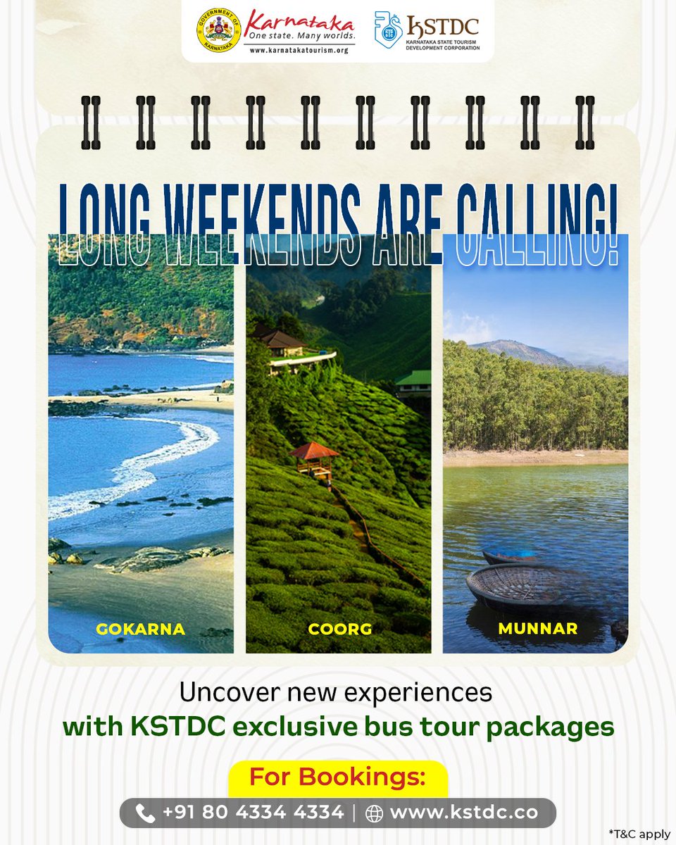 kstdc's tweet image. Long weekends are calling!
Swap routine for real relaxation—Gokarna’s shores, Coorg’s greenery, or Munnar’s misty hills.
With KSTDC bus tours, just book, relax &amp;amp; enjoy the ride.

Book now: kstdc.co
Call us on : +91 80 4334 4334

#Travel #WeekendGetaway #KSTDC