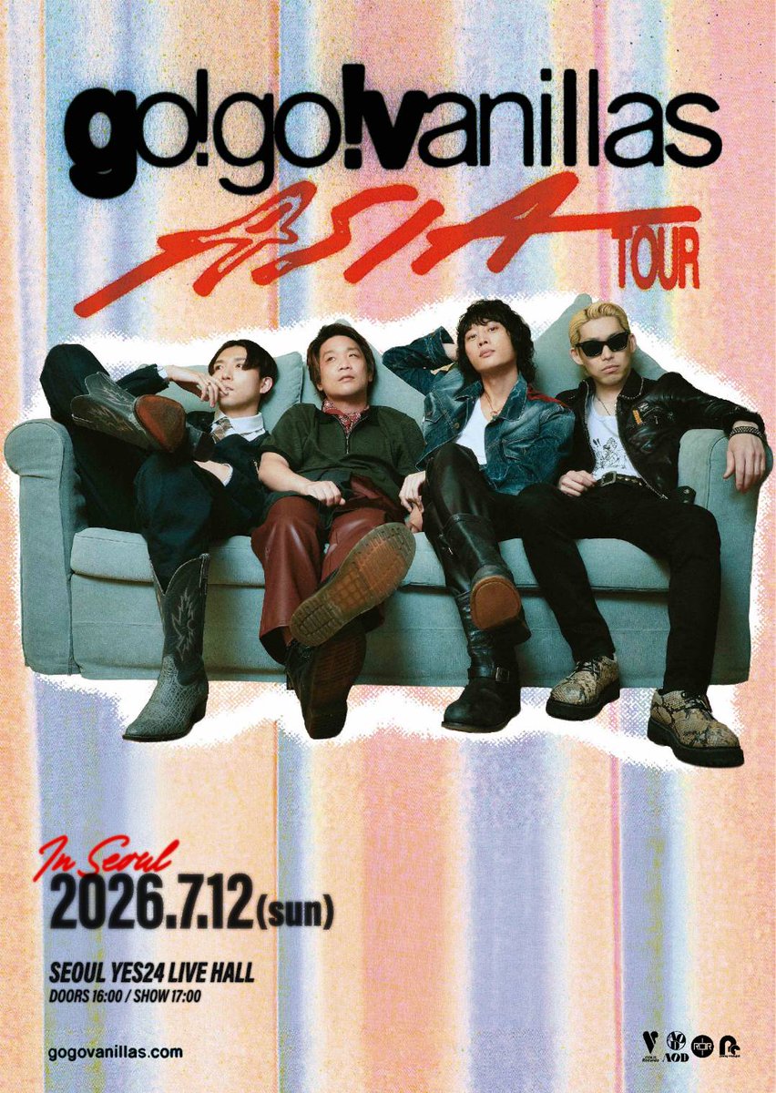 go!go!vanillas ASIA TOUR in SEOUL

📅 2026.07.12 (SUN) 17:00 (KST)
📍 YES24 LIVE HALL

🎫 티켓 / チケット
VIP 스탠딩 154,000원 / VIPスタンディング 154,000ウォン
VIP 지정석 154,000원 / VIP指定席 154,000ウォン
스탠딩 110,000원 / スタンディング 110,000ウォン
지정석 110,000원 /