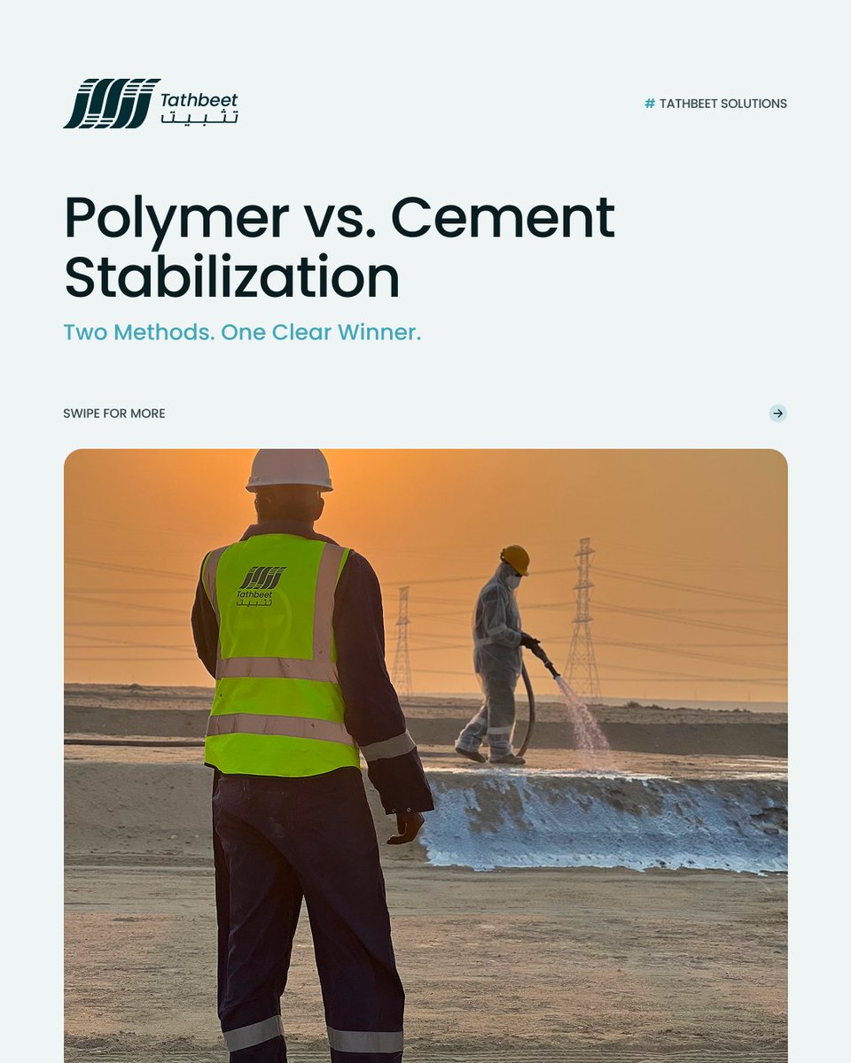 TathbeetCo's tweet photo. Two stabilization methods walk into a desert. Only one was built for it. Cement and polymer both stabilize soil — but when it comes to KSA's extreme heat, arid conditions, and large-scale projects, the right choice makes all the difference.
🔗 https://t.co/37Ze9HBZ8H https://t.co/Q4HAvqOLvl