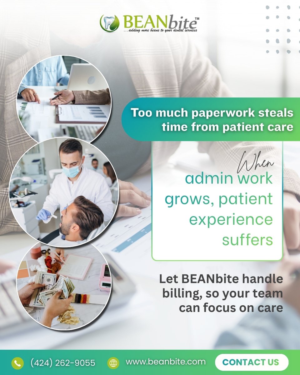 BEANbite's tweet photo. Your team did not choose dentistry to spend hours buried in paperwork.  Yet, billing tasks, follow-ups, and corrections often take over the day.  

📞 Call BEANbite today: (424) 262-9055
🌐 Learn more: https://t.co/Wl5mOsxIpC

#DentalBilling #BillingSolutions #BEANbite https://t.co/Wd9pwVowFx